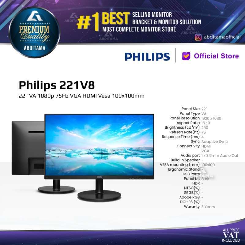 Promo Monitor LED Philips 221V8 22 VA 1080p 75Hz VGA HDMI Vesa 100x100mm di  Seller Abditama - Kota Depok, Jawa Barat | Blibli