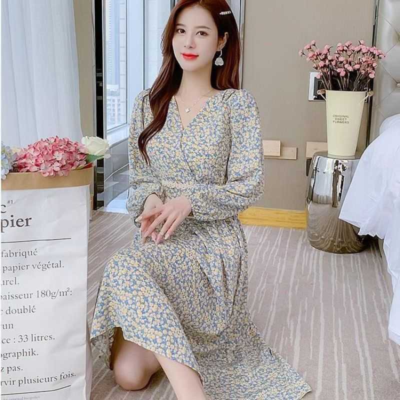 Jual Korean Dress Long Sleeve Dress Korea Floral M di Seller
