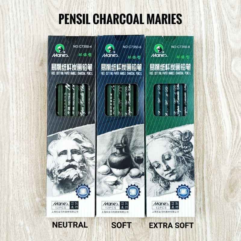Marie's Artist Charcoal Pencil 12 Piece Set, Extra-Soft Black Paper Handle  Charcoal Pencils for Drawing and Sketching