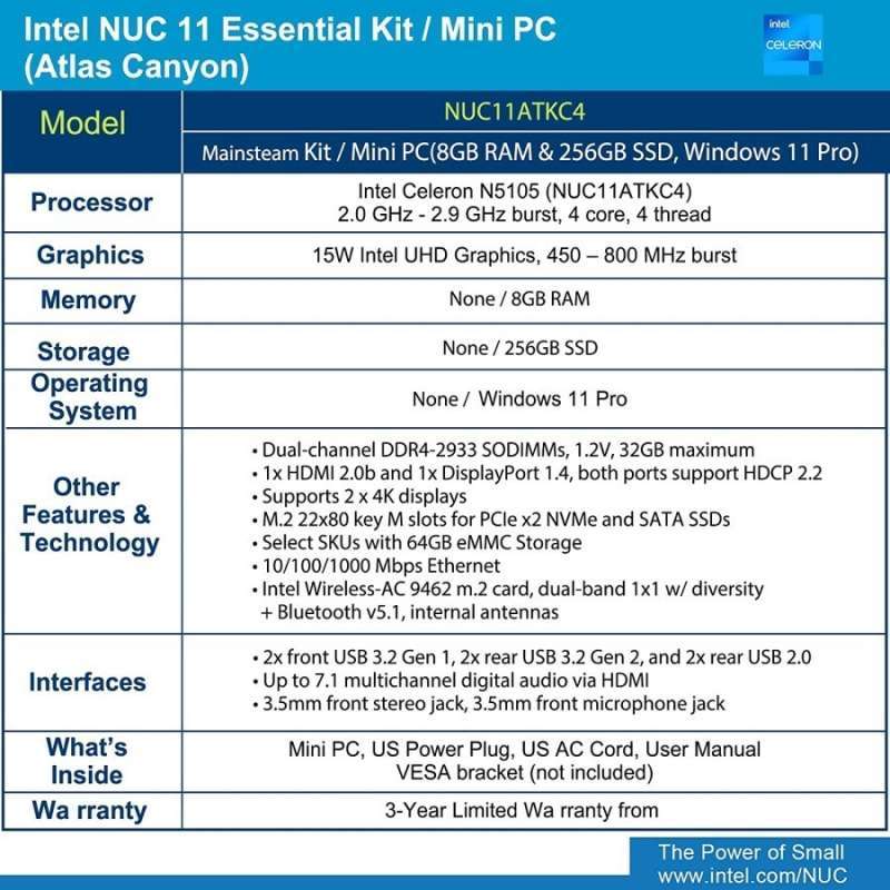 殿堂 Intel NUC 11 HDMI, Home Desktop SSD, Bluetooth, WiFi, Business 32GB UHD,  USB並行輸入 m.2 N5105 512GB Mini RAM, 4-Core, Celeron ＆ BNUC11ATKC40001 SATA PCケーブル、コネクタ 