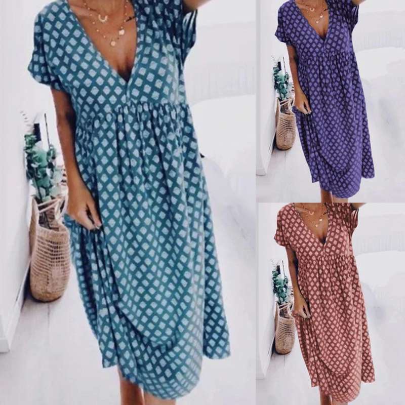 Jual Bluelans Women Boho Short Sleeve Deep V Neck Geometric Print Large Hem Loose Midi Dress Online Maret 2021 Blibli