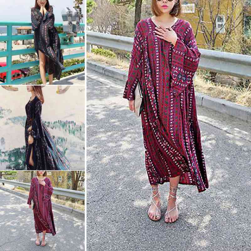 Long Sleeve Beach Vacation Slit Dress 