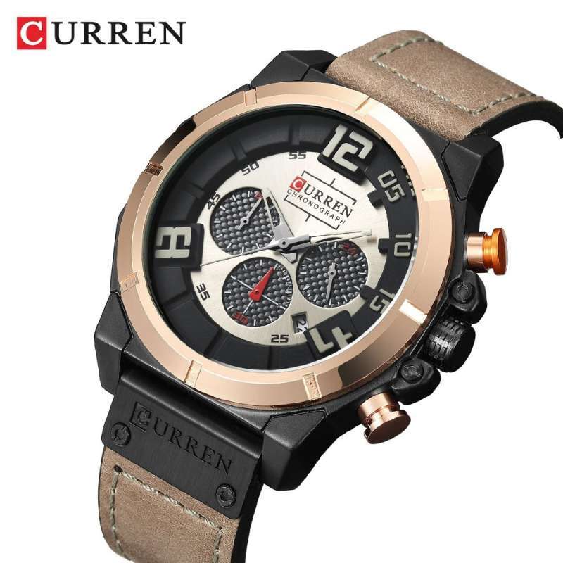 CURREN 8287 Jam Tangan Pria Analog Tali Kulit Chronograph Aktif Anti Air Original