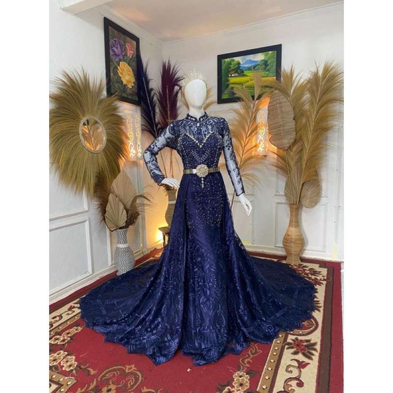 Baju pakaian gaun pengantin busana pernikahan wanita gown dress wedding slim span muslim perempuan hijab sari syari manten warna biru dongker nevy