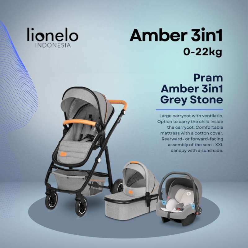Lionelo Pram Amber 3in1 Kereta Dorong Bayi Grey Stone