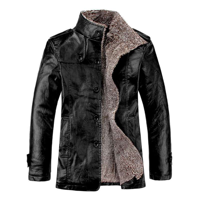 WarmQIQ Jackets for Men Mens Winter Coats Stand Collar Faux Leather Buttons Coat Pockets Fleece Warm Jacket Plus Size