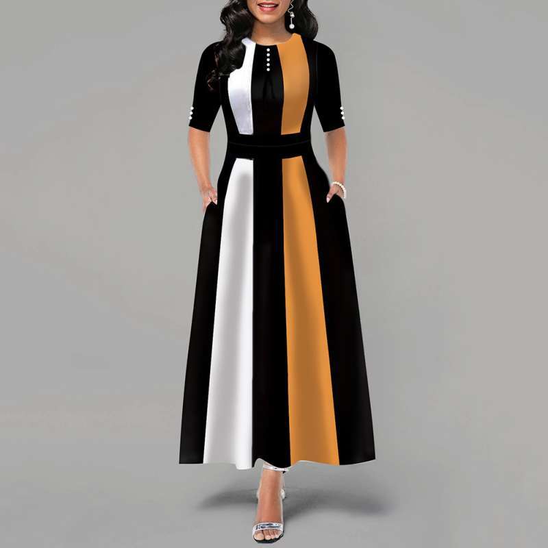 Jual Bluelans Women Short Sleeve Color Block Patchwork Buttons Decor Waist Tight Maxi Dress Online Desember 2020 Blibli