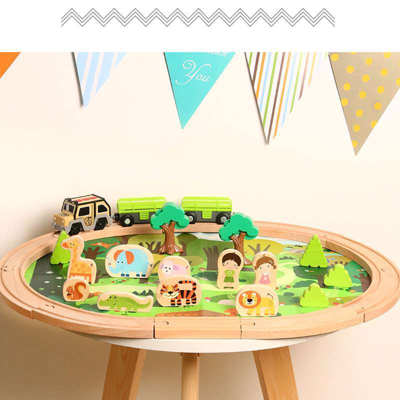 Train wooden 32-piece large jungle track assembly forest animal scene  simulation Mainan kereta The Jungle Orbit Product name: 32 pieces of  jungle