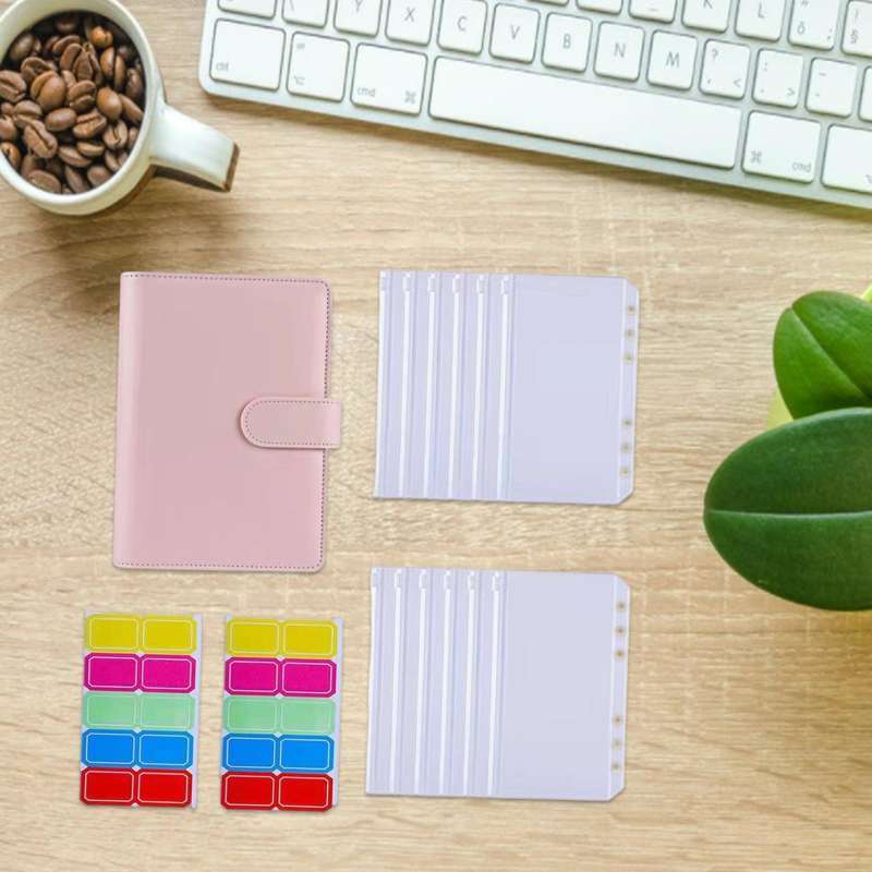 PU Leather Notebook Binder Budget Binder with Label Stickers for Cash Bills  Pink