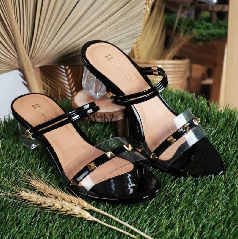 Sendal Heels Wanita Sandal Wanita Hak Kaca ZVT 187 Hitam Big size