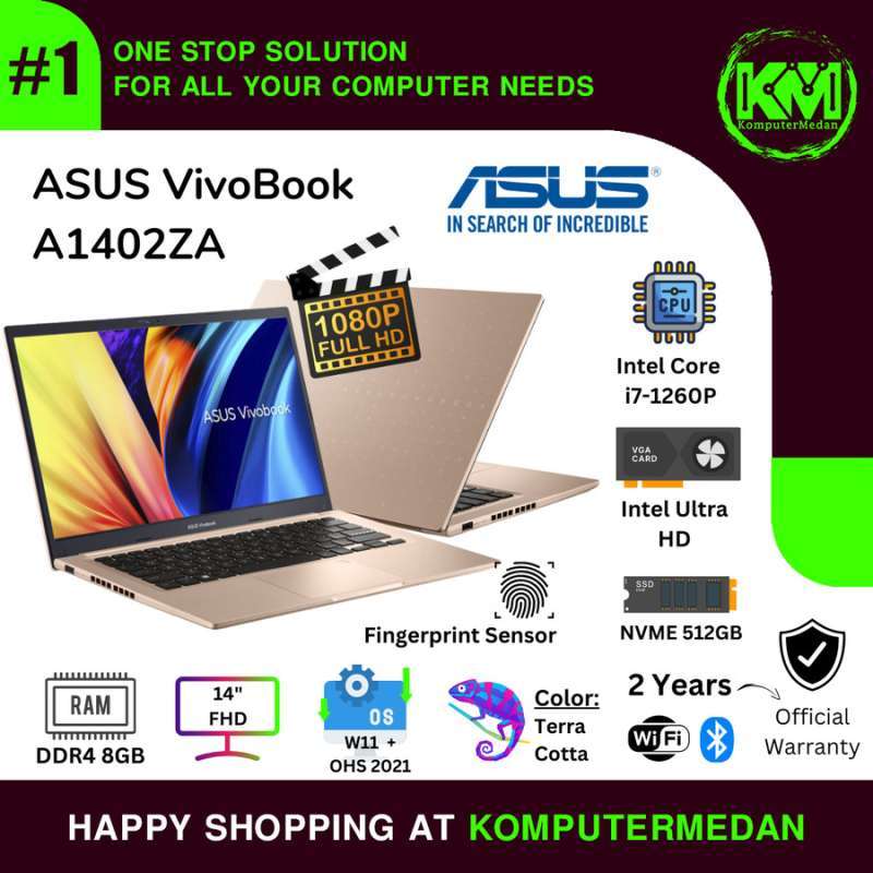 ASUS Laptop Khusus Medan dengan Windows 11, Intel Core i7, 8GB RAM, dan SSD 512GB, 14 FHD, Wi-Fi 6, serta Fingerprint dan Speaker SonicMaster. Untuk Profesional dan Mahasiswa