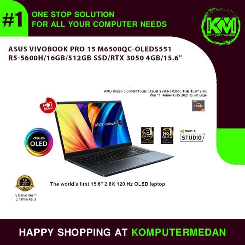 ASUS VivoBook Pro 15, Laptop AMD Ryzen 5 5600H dengan Layar 15.6 OLED 2.8K, 16GB RAM, dan Grafis RTX 3050, Cocok untuk Gamer dan Profesional di Medan