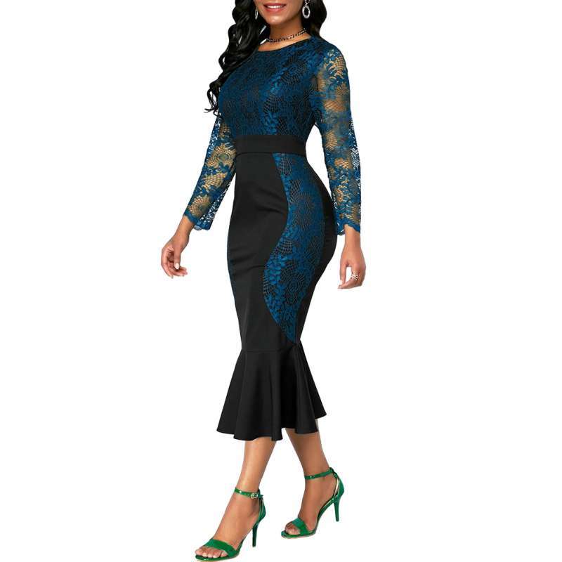 Jual Bluelans Party Lace Patchwork Color Block Women Long Sleeve Bodycon Fishtail Midi Dress Online Desember 2020 Blibli