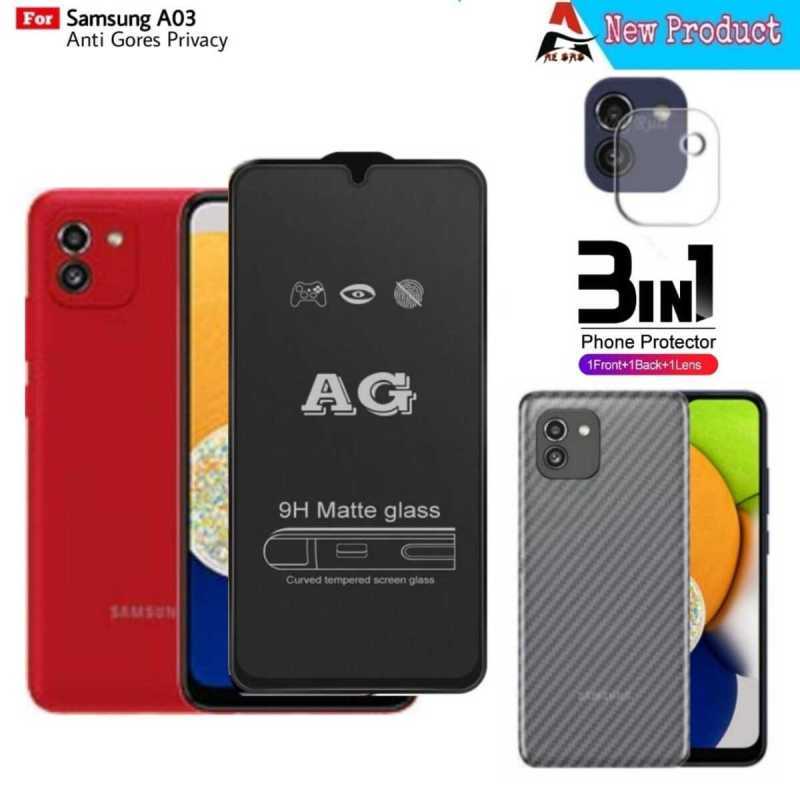 Tempered Glass Samsung A03 Full Cover Protector Handphone Anti Glare Bonus  Camera Protector Dan Garskin Paket in