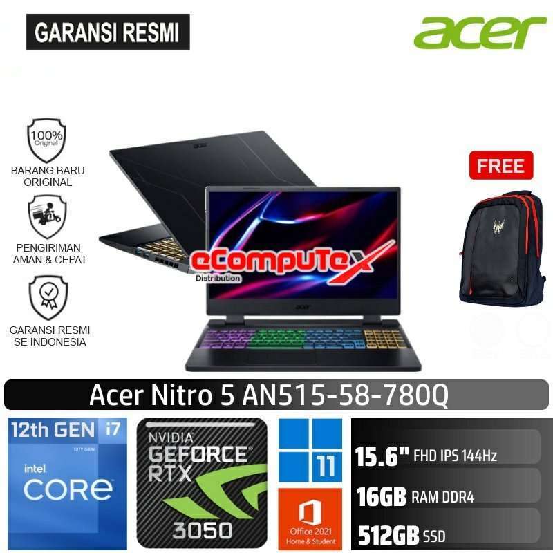LAPTOP GAMING ACER NITRO AN515-58-780Q CORE i7-12700H NVIDIA GEFORCE  RTX3050 4GB RAM 16GB 512GB SSD WIN11+OHS GARANSI RESMI