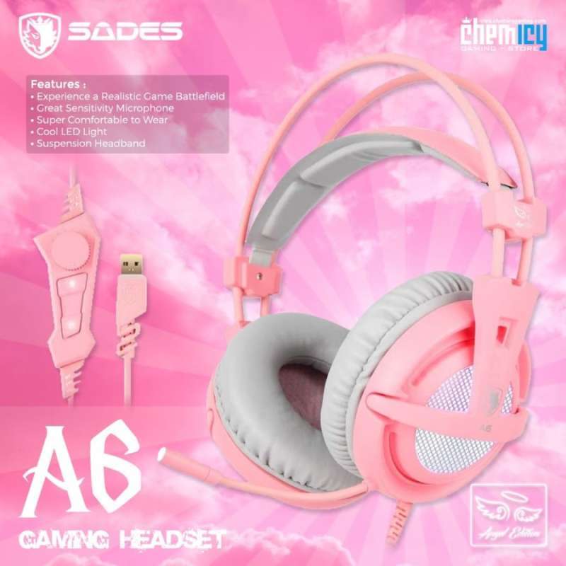 Jual Sades A6 Locust Pink 7.1 Surround Sound Gaming Headset di