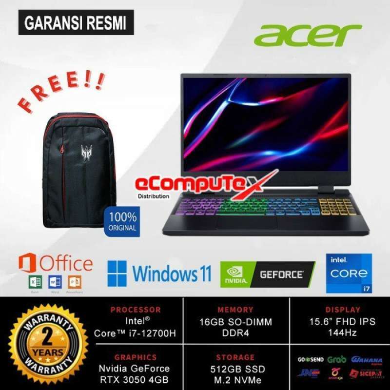 LAPTOP GAMING ACER NITRO AN515-58-78PT CORE i7-12700H NVIDIA GEFORCE  RTX3050 4GB RAM 16GB 512GB SSD W11+OHS GARANSI RESMI