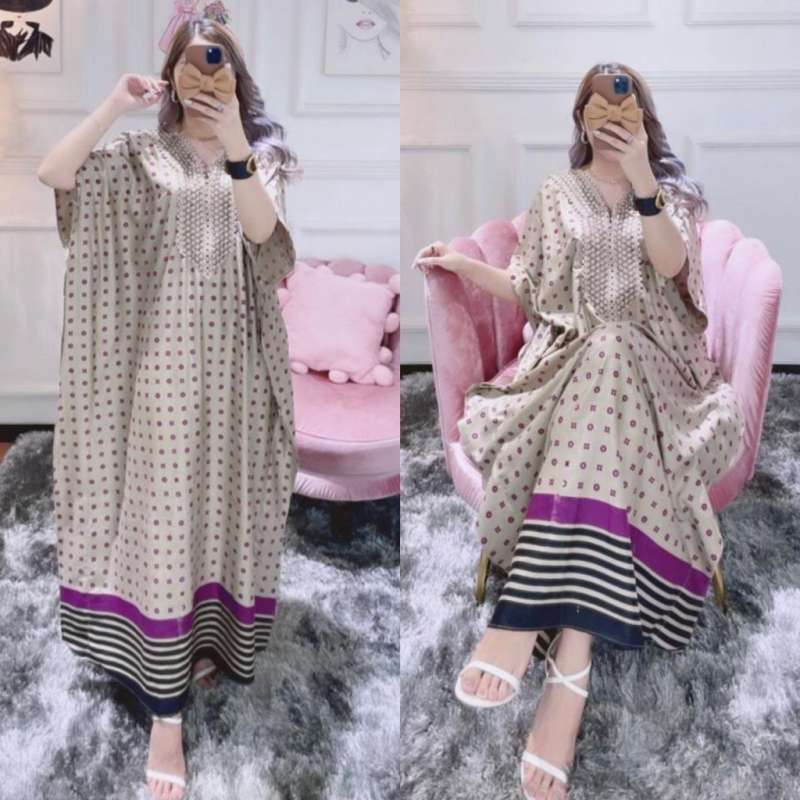 Kaftan Wanita Arabian Polkadot Renda Rayon Viscose Premium Maxy Dress  Lengan Pendek Fashion Wanita Kekinian LD 130 cm