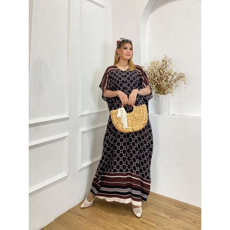 Kaftan Wanita Arabian Polkadot Renda Rayon Viscose Premium Maxy Dress  Lengan Pendek Fashion Wanita Kekinian LD 130 cm Kaftan Honey Hitam