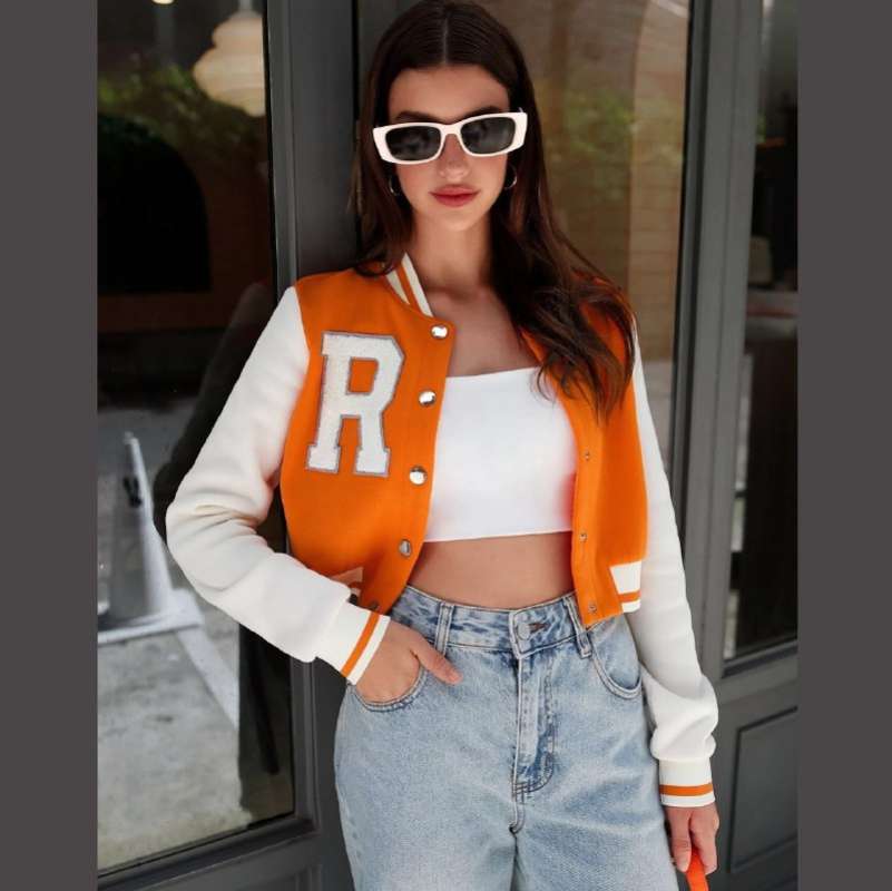 JAKET WANITA CROP VARSITY BIG SIZE JAKET BASEBALL ORANGE INISIAL R KOREA  STYLE SIZE M-6XL