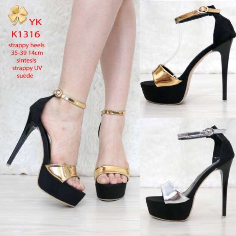 Jual high heels 14cm strappy sepatu hak tali gudang import Gold