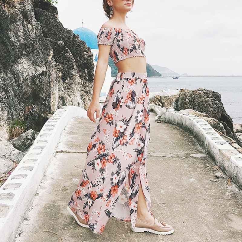Women Floral Print Long Slit Skirt Off 