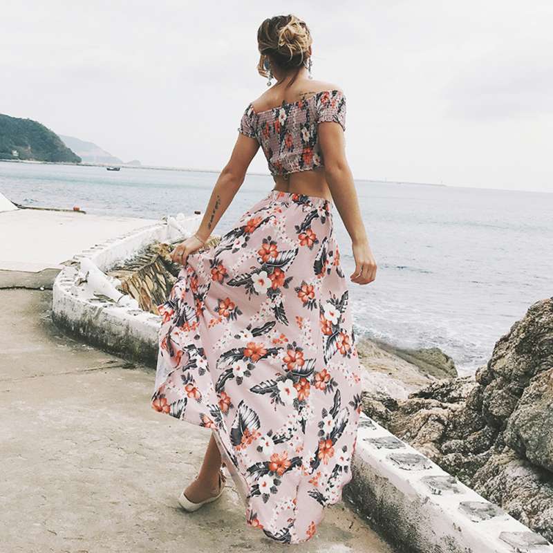 Women Floral Print Long Slit Skirt Off 