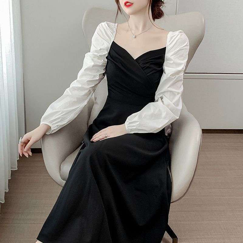 Dress Vintage Two Tone Hitam Putih Model V Neck