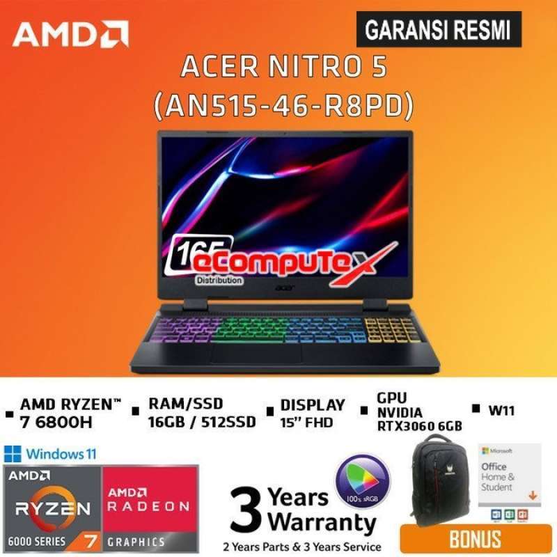 LAPTOP GAMING ACER NITRO AN515-46-R8PD AMD RYZEN 7-6800H NVIDIA  GEFORCE RTX3060 6GB DDR6 RAM 16GB 512GB SSD FHD WIN11+OHS GARANSI  RESMI