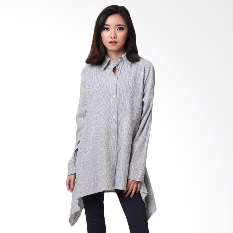 MS Porter Sage Stripe Asymmetric Shirt Kemeja Wanita - Grey