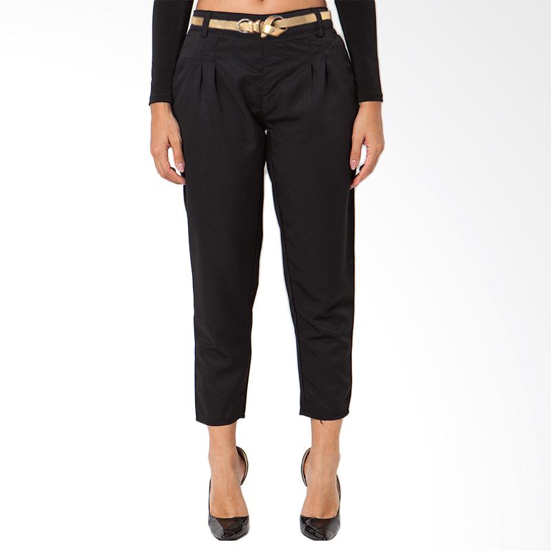 Duapola Basic Long Pants Wanita With Gold Belt - Hitam