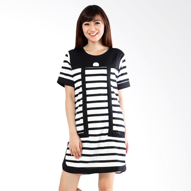 Jfashion Black n White Stripe Midi Dress Fradella - Putih