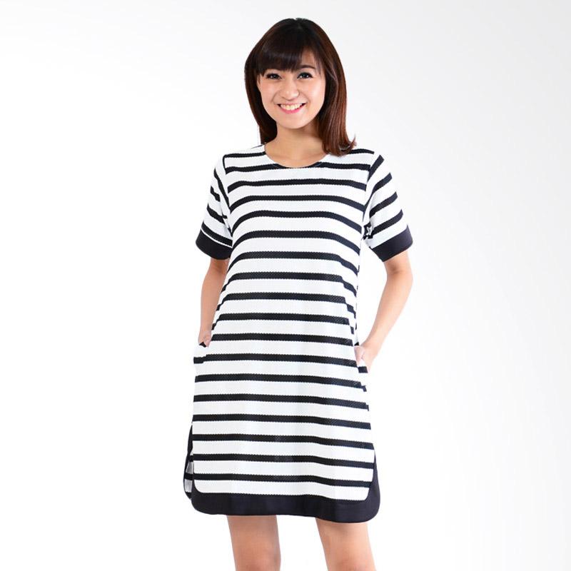 Jfashion Black n White Stripe Midi Dress Esther - Putih