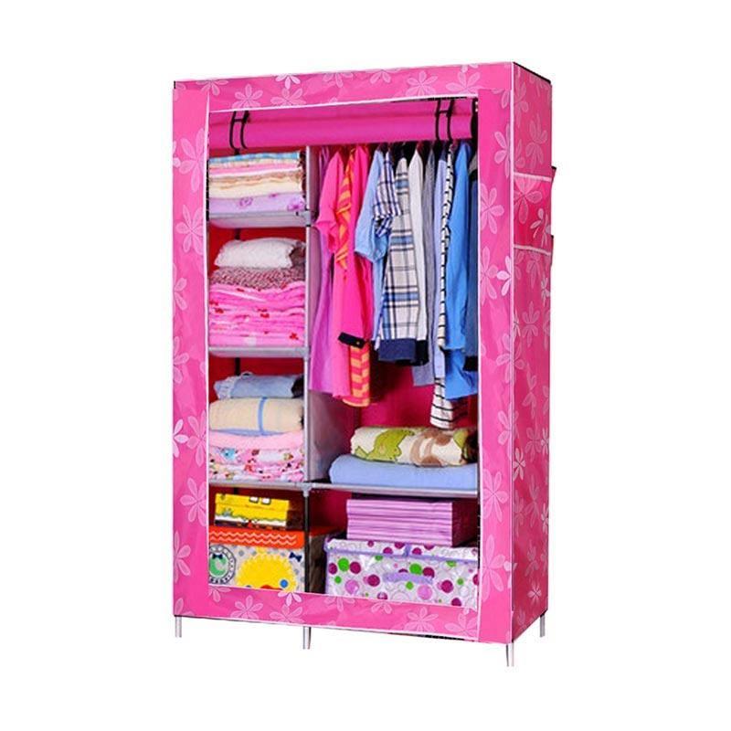 Gogo Model Clothes Rack Cloth with Cover Lemari Pakaian - Pink bawah