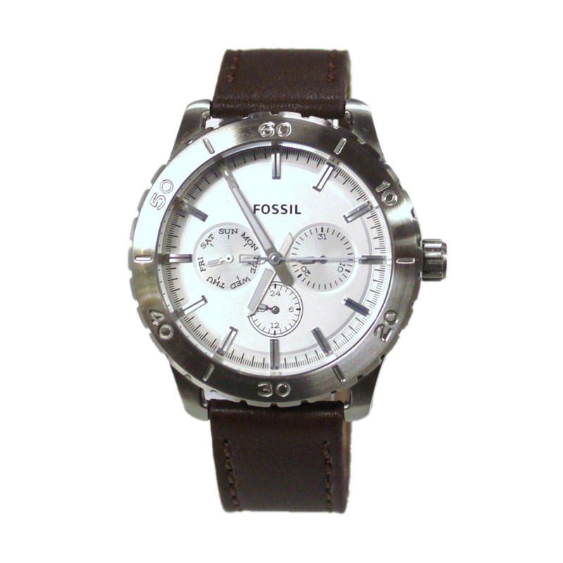 Fossil BQ 16231006 Chronograph Silver Dial Brown Leather Strap Jam Tangan Pria