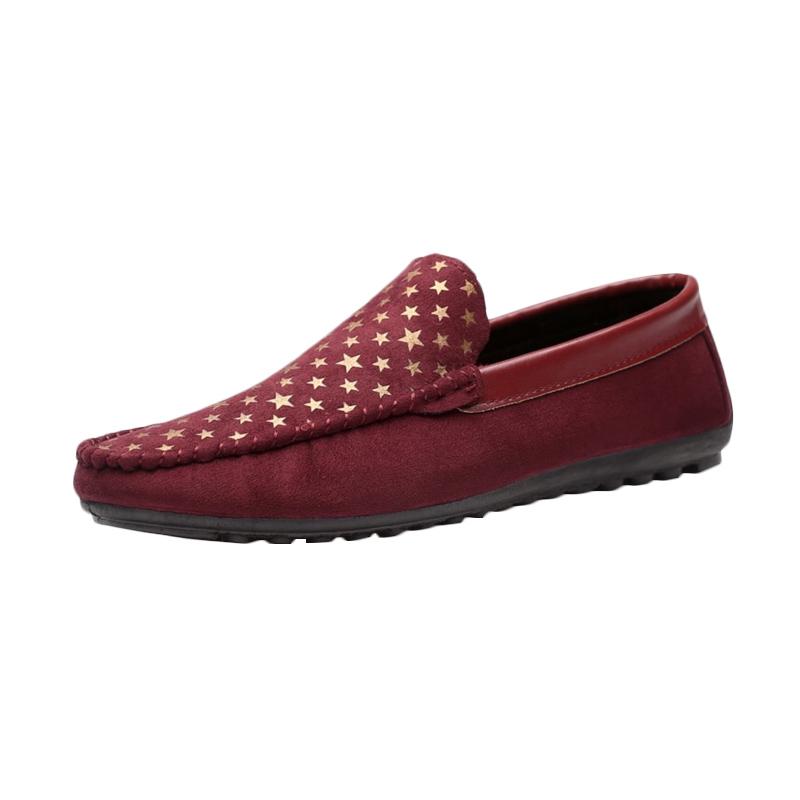 OEM MSID Sepatu Pria Casual Loafers Shoes - Red Maroon With Gold Star Pattern