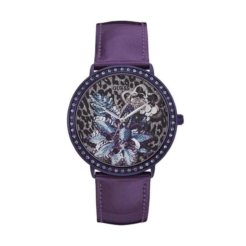 Guess W0820L3 Crystal Motif Leopard Flower Leather Jam Tangan Wanita - Purple