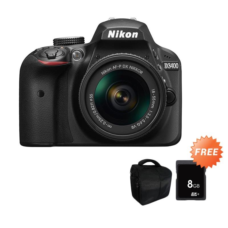 Nikon D3400 Kamera DSLR with 18-55mm VR Lensa Kit - Hitam [24.2 MP] + Free Tas Kamera + Memory 8GB