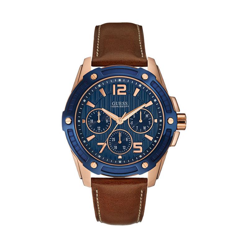Guess Flagship Leather Stainless Steel Jam Tangan Pria W0600G3 - Brown Navy Blue