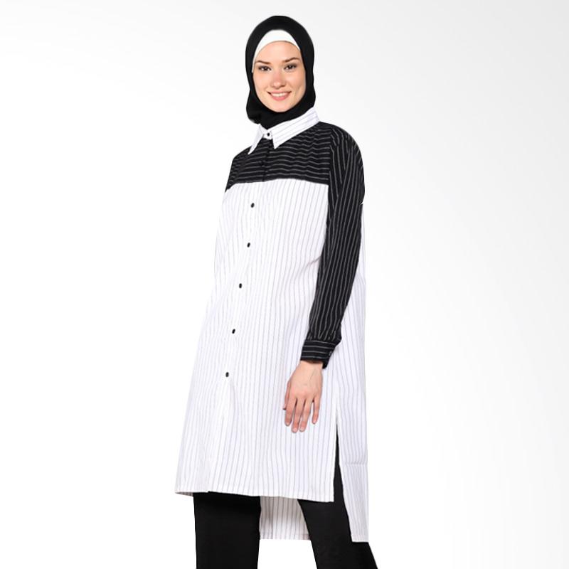 Chick Shop CO-74-02-PH Simple Two Tone Stripes Long Shirt Muslim - White Black