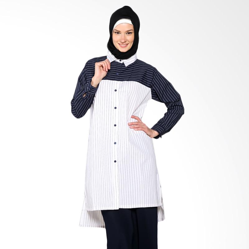 Chick Shop CO-74-01-PD Simple Two Tone Stripes Long Shirt Muslim - White Navy