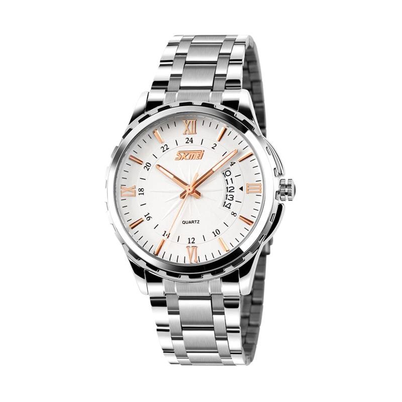 SKMEI 9069 CS Casual Men Tali Strap Steel Wristwatch Jam Tangan Pria - Silver Putih