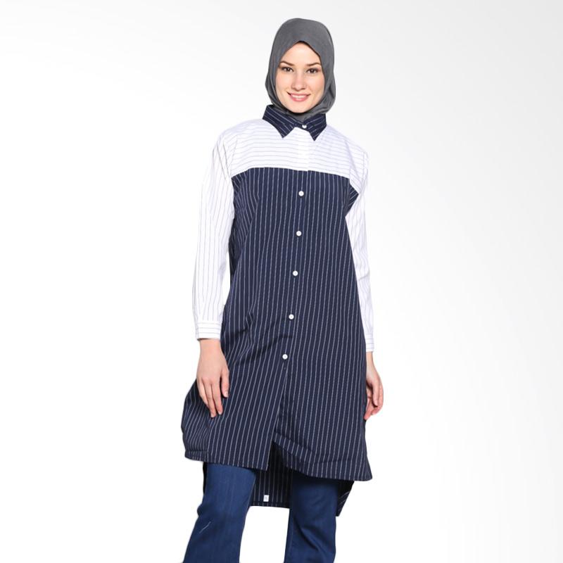 Chick Shop CO-74-04-HD Simple Two Tone Stripes Long Shirt Tunic Moslem - Black Navy