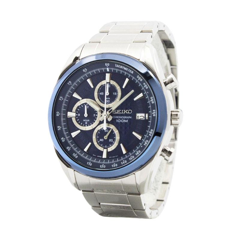 Seiko Chronograph SSB177P1 Quartz Tali Logam Stainless Steel Jam Tangan Pria - Navy Blue Silver