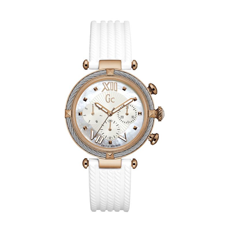 Guess Collection Gc Cablechic Y16004L1 Rubber Stainless Jam Tangan Wanita - White Silver Rose Gold