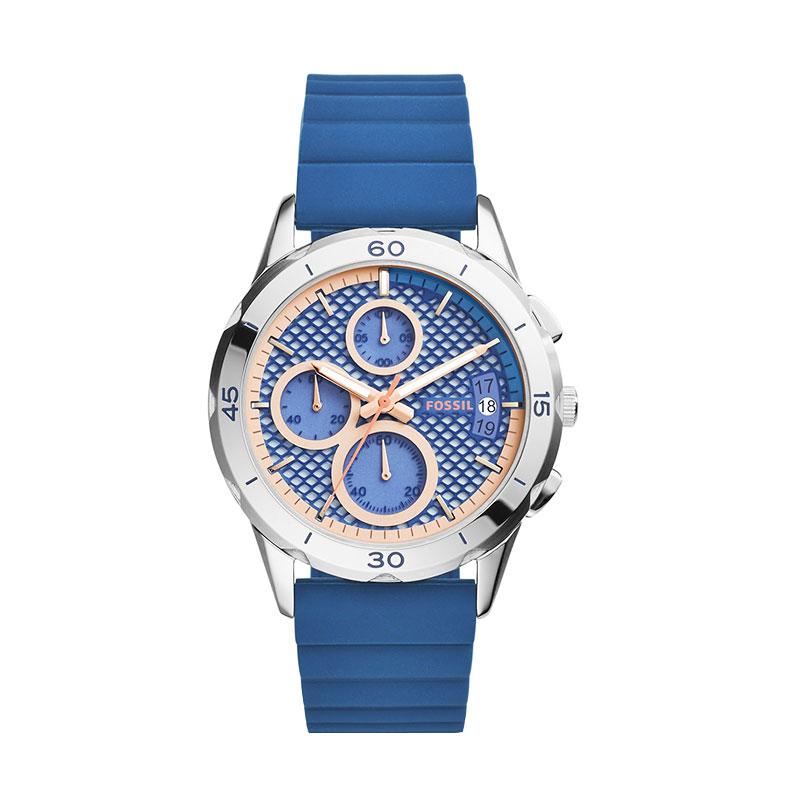 Fossil ES 3982 Modern Pursuit Chronograph Indigo Dyed Silicone Watch Jam Tangan Pria - Silver Blue
