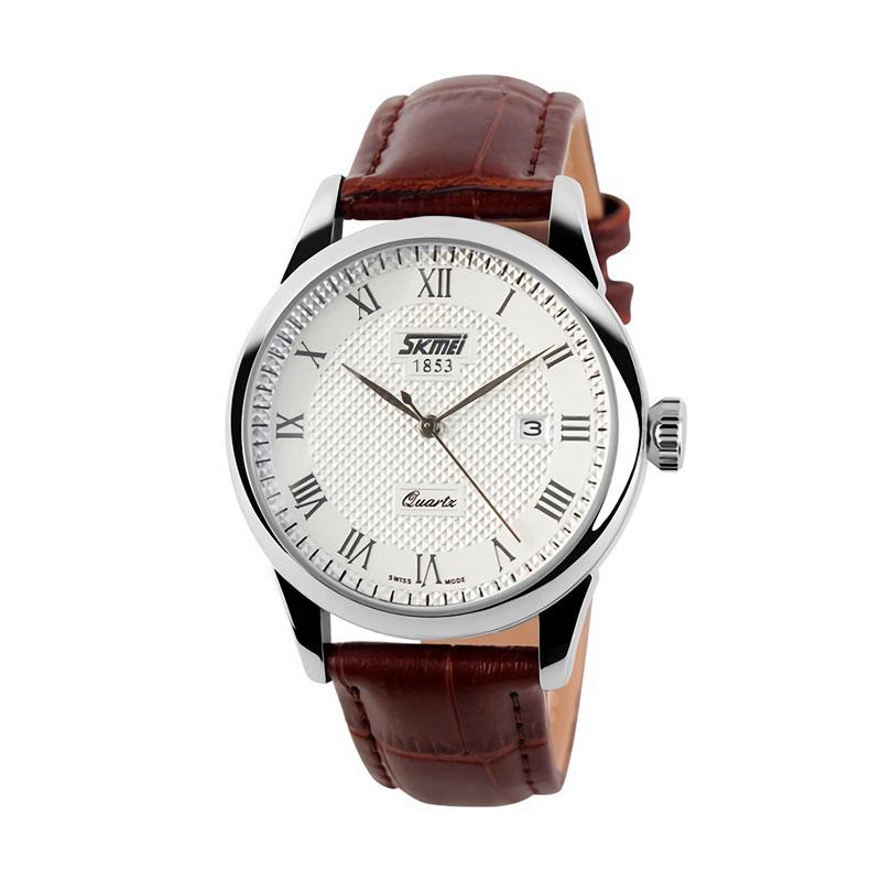 Skmei - Jam Tangan Pria - Silver - Brown Leather Strap - 9058-C