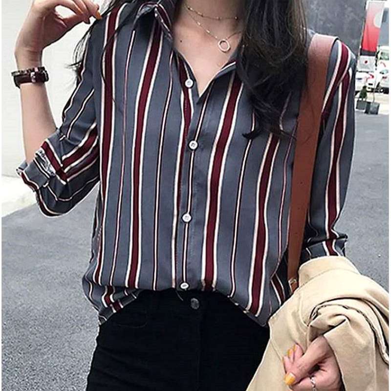 Import Kemeja Wanita Model Korea Potongan Longgar Lengan Panjang Motif Garis Vertikal 9042 Terbaru Juli 2021 Harga Murah Kualitas Terjamin Blibli