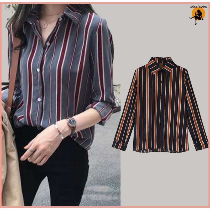 Jual Import Kemeja Wanita Model Korea Potongan Longgar Lengan Panjang Motif Garis Vertikal 9042 Terbaru Juli 2021 Blibli