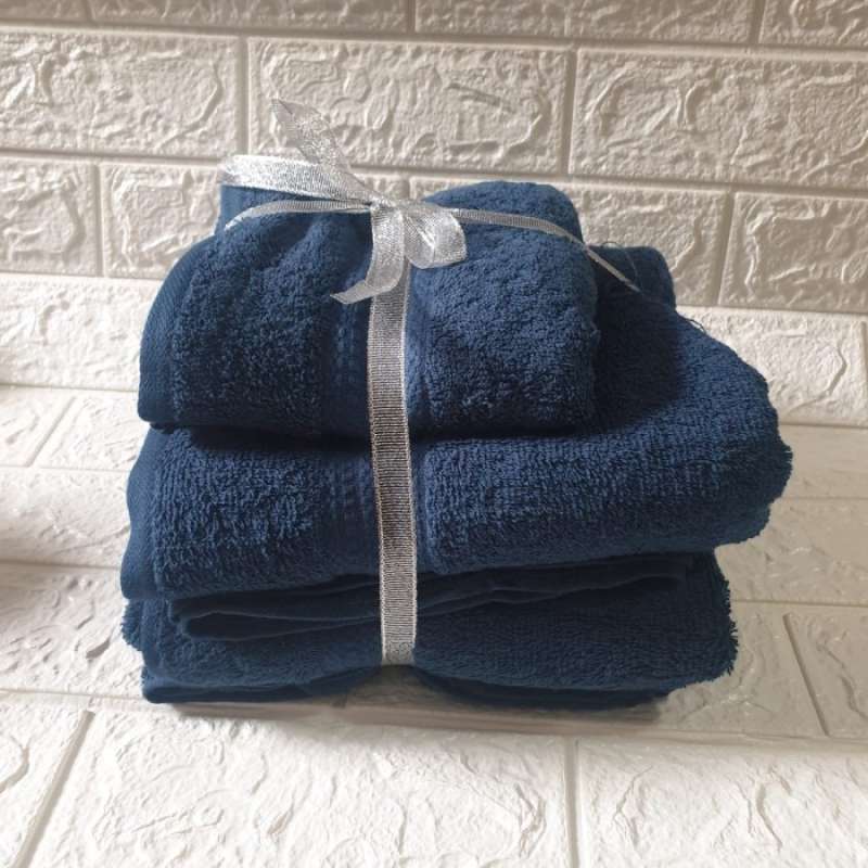 Handuk Set Polos 02 No Label 2 pcs handuk Dewasa Bonus 1 Handuk Travel -  navy 100 % ORIGINAL